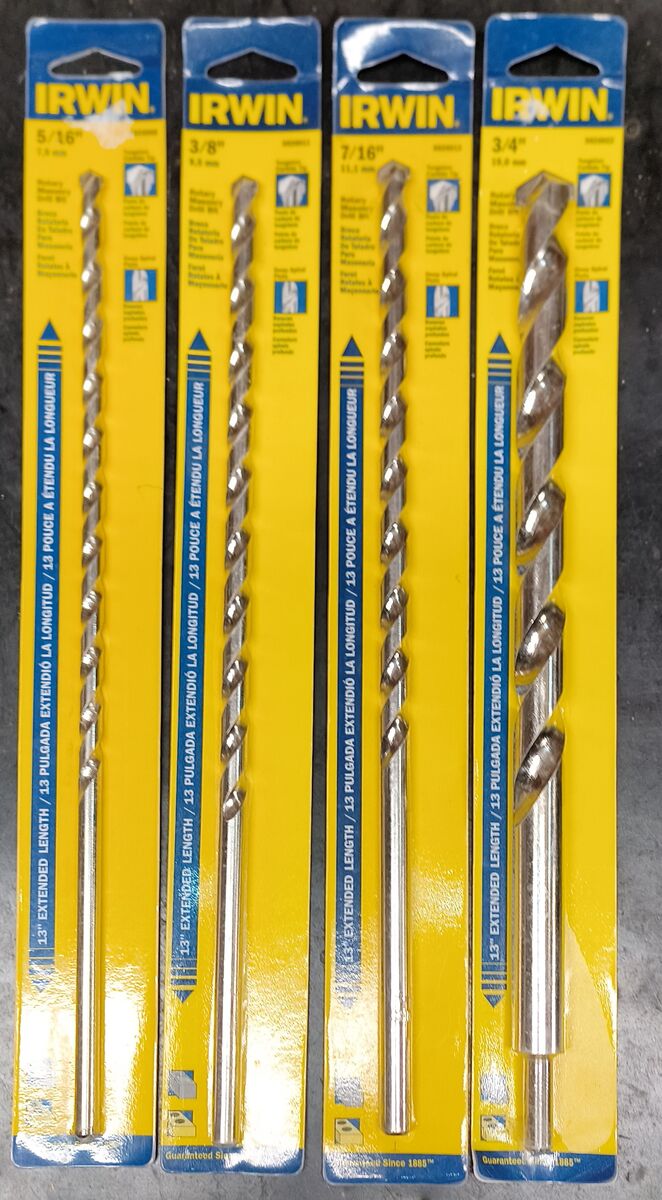 Irwin Masonary Drill Bits 4 Each 13 in. Long Tungsten Carbide Tipped Rotary Straight Shank 4 Sizes