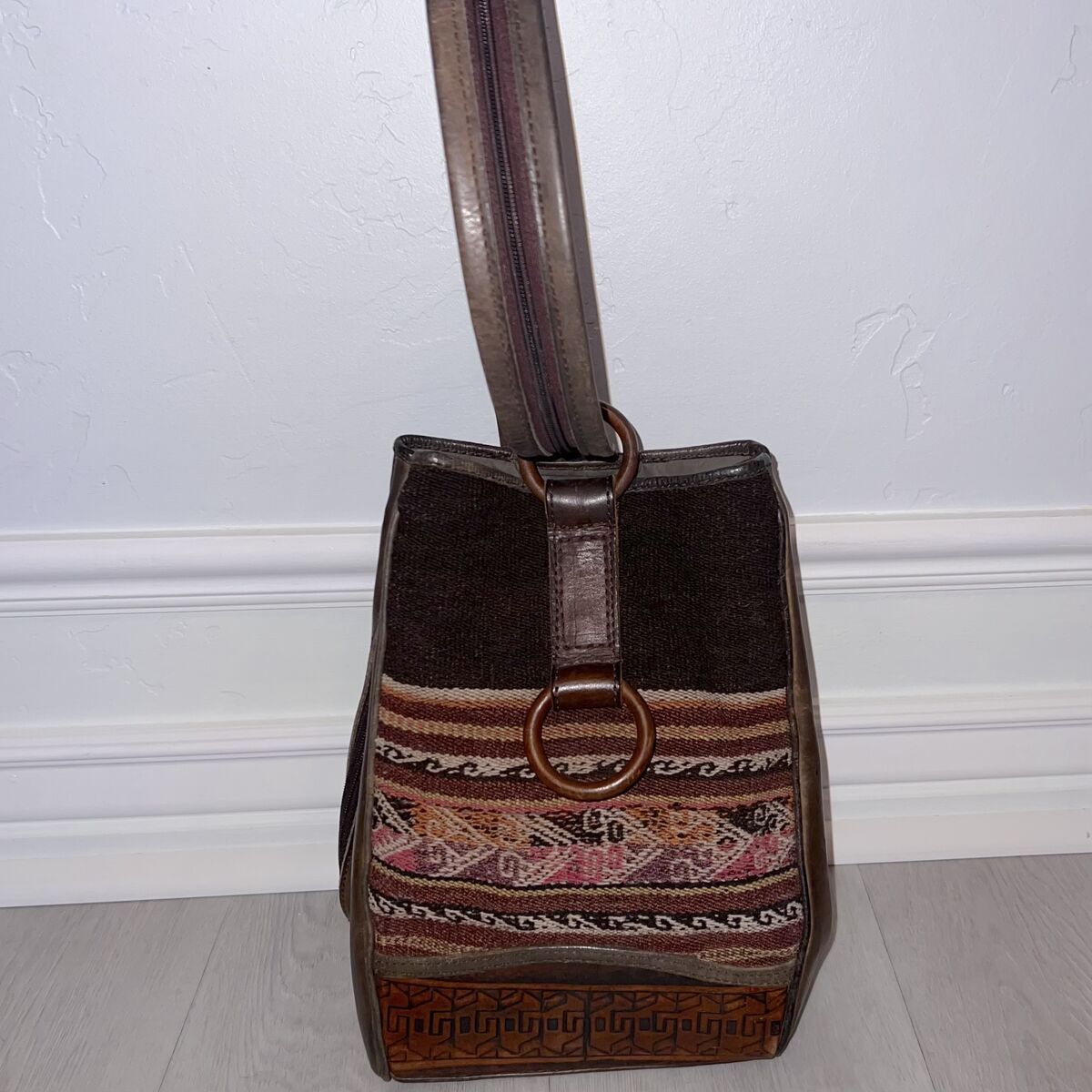 Vintage Anna Cainzo Rustic Bohemian Leather and Woven Wool Convertible Sling Backpack