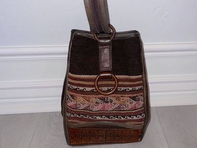 Vintage Anna Cainzo Rustic Bohemian Leather and Woven Wool Convertible Sling Backpack