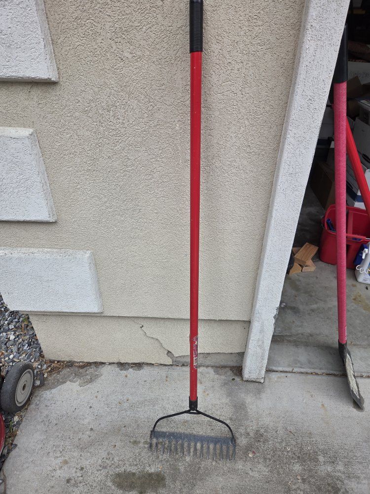 Red Garden Rake with Black Handle - Durable Metal Head for Yard Work