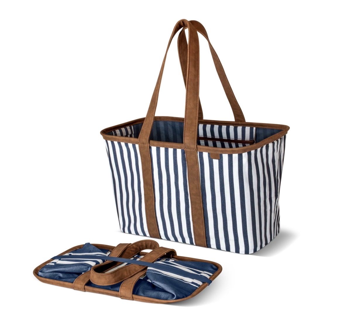 CleverMade Collapsible LUXE Tote - Navy Striped 30L/8Gal Reusable Grocery Bag w/ Handles, Reinforced Bottom