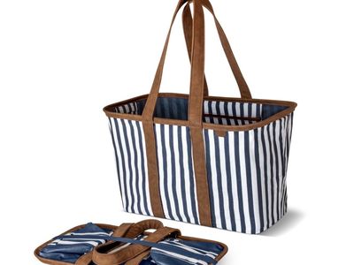 CleverMade Collapsible LUXE Tote - Navy Striped 30L/8Gal Reusable Grocery Bag w/ Handles, Reinforced Bottom