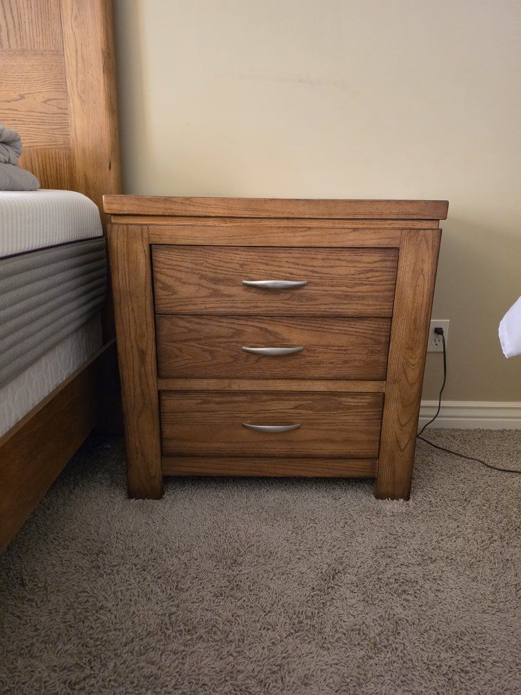 Set of Two Wooden 3-Drawer Nightstand Side Tables with Silver Handles