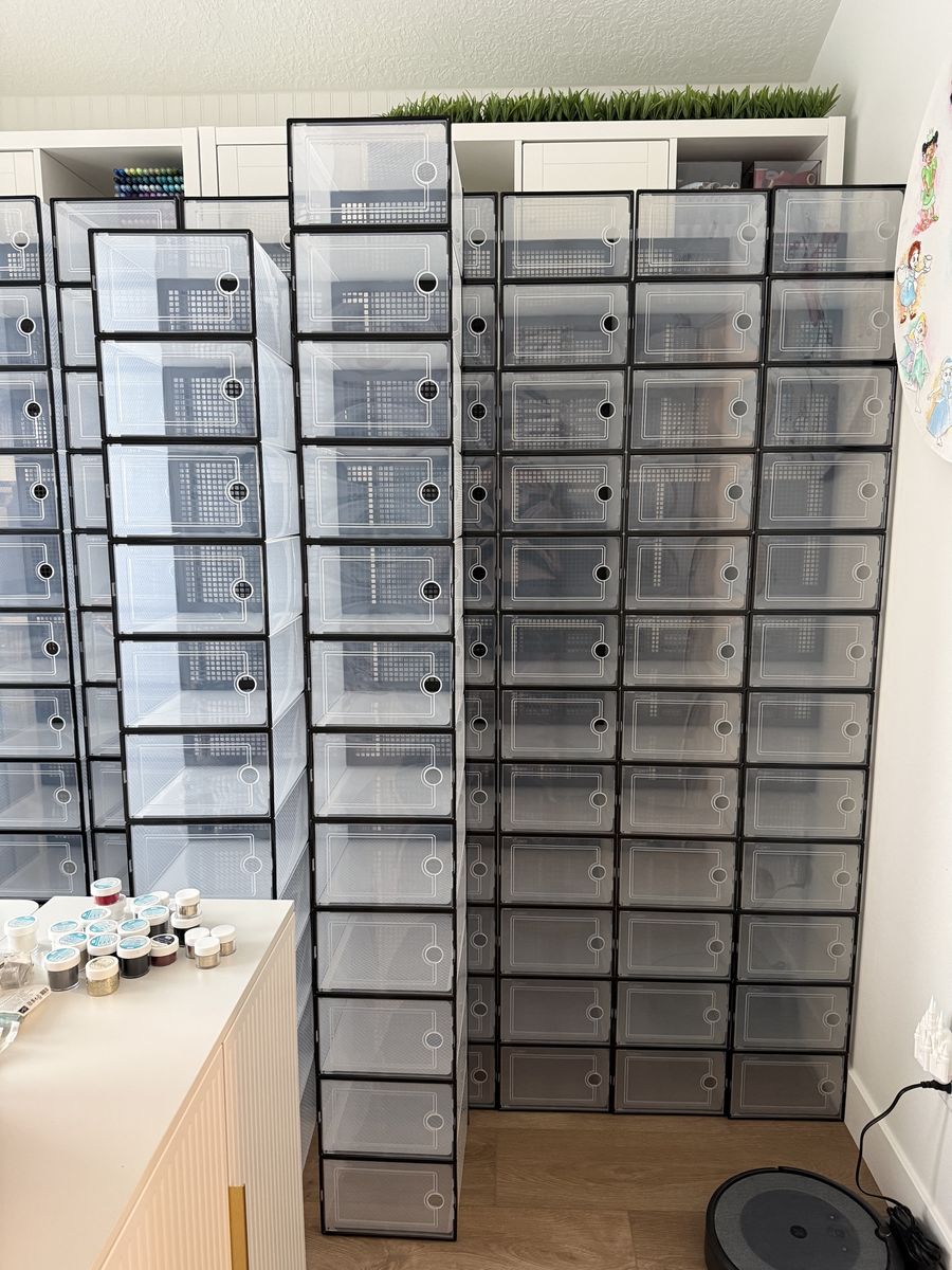 Clear Stackable Shoe Storage Boxes - Set of 10, Black Frame, Front entry with ventilation at back.