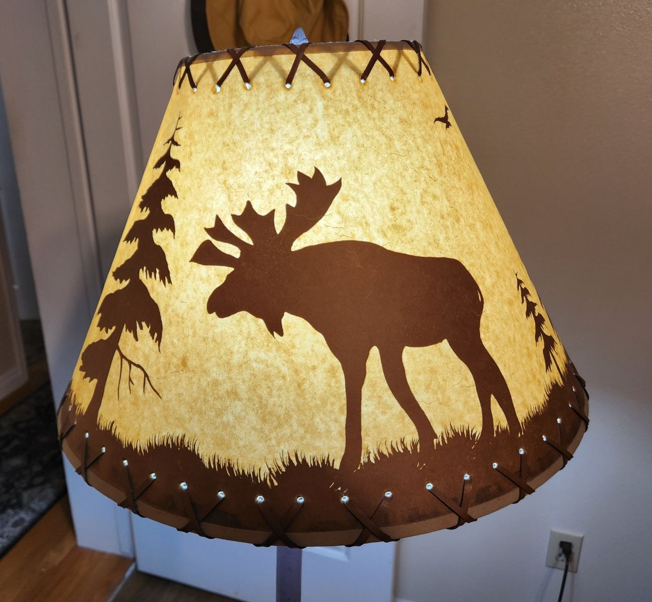 Rustic Lodge Floor Lamp with Moose & Bear Scene Shade, Faux Leather Lacing