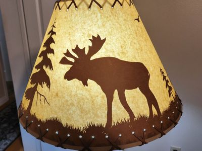 Rustic Lodge Floor Lamp with Moose & Bear Scene Shade, Faux Leather Lacing
