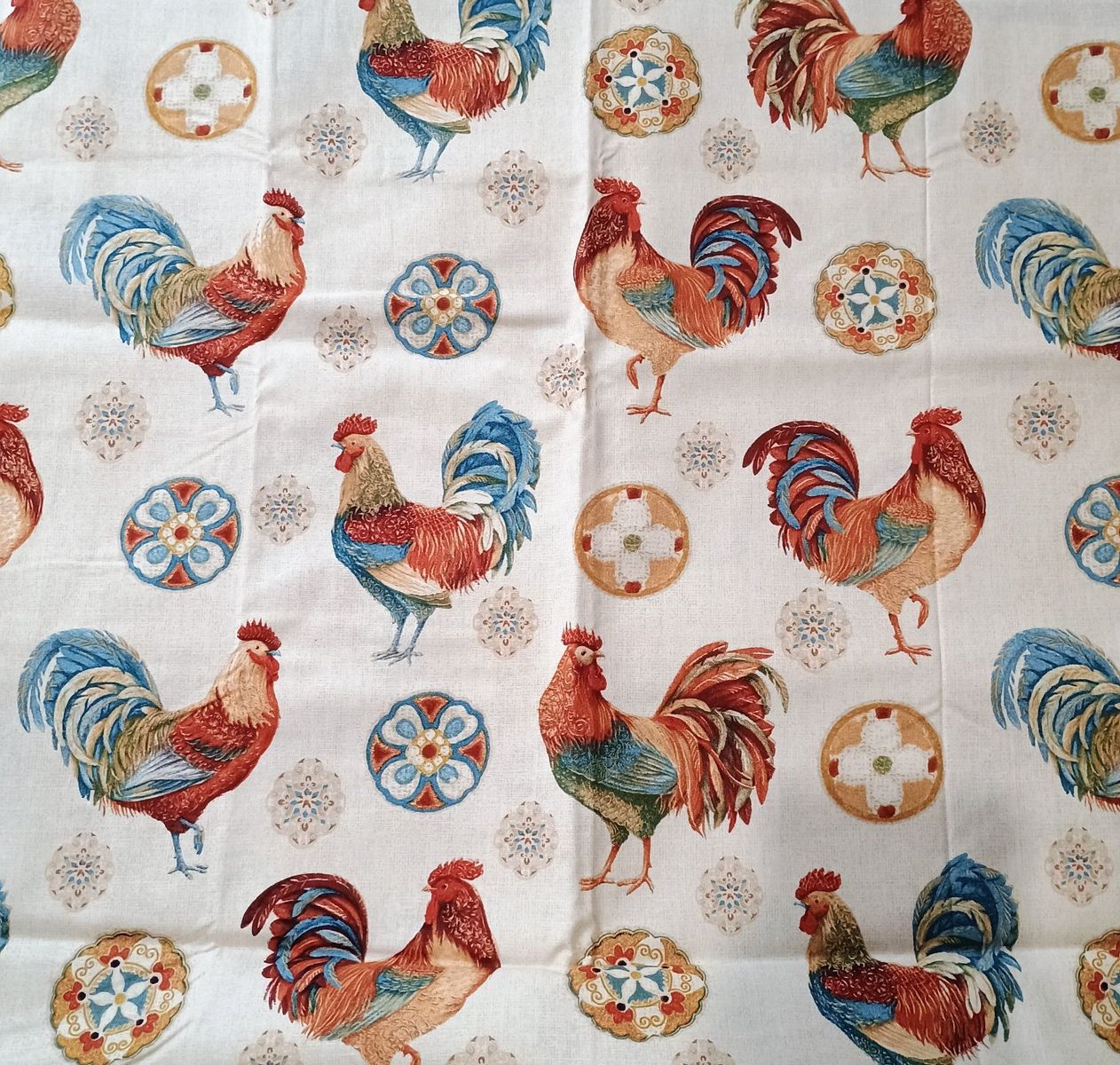 Rooster Chicken Farmhouse Fabric - Yellow & White Cotton Blend, Crafting & Decor