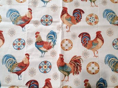 Rooster Chicken Farmhouse Fabric - Yellow & White Cotton Blend, Crafting & Decor
