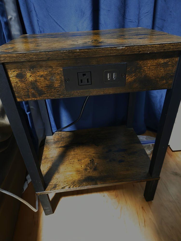 Rustic Brown End Table with Charging Station & USB Ports