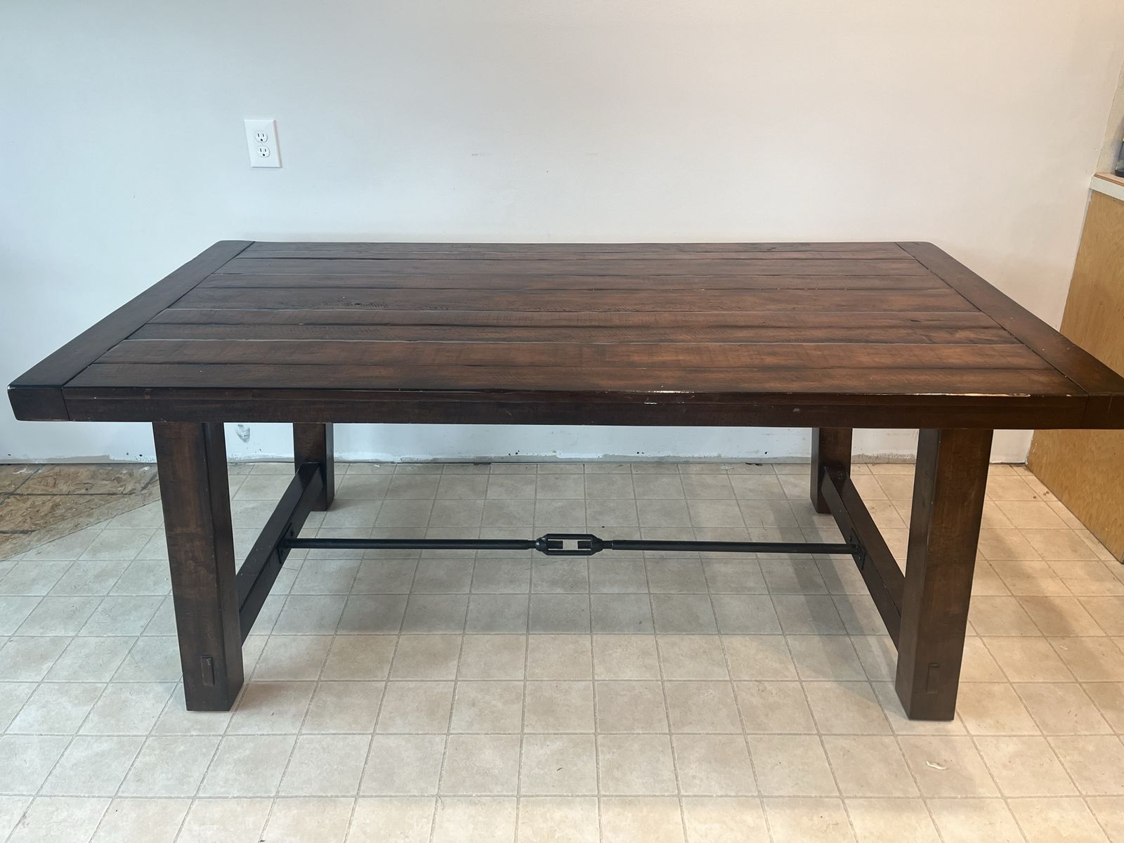 Rustic Wood Dining Table with Metal Support Bar