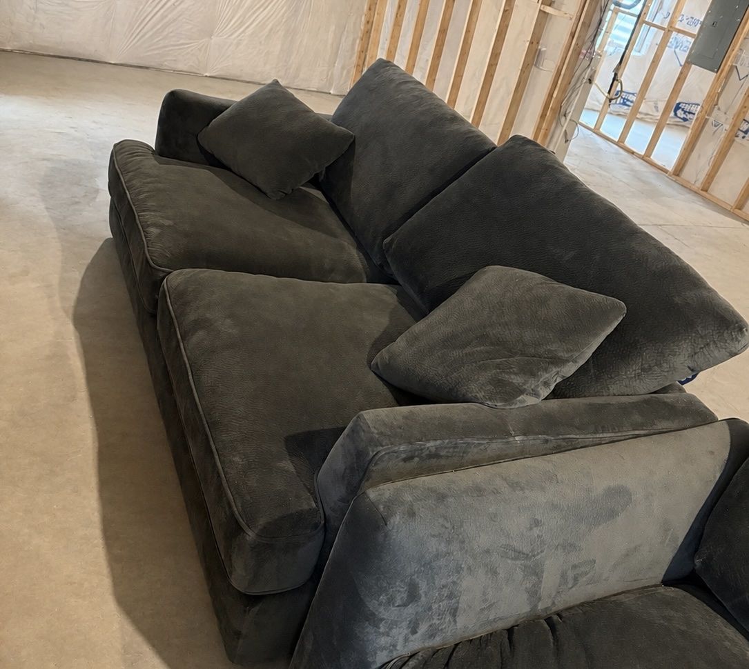 Oversized Gray Velvet Sofa and Armchair Matching Set with Accent Pillows