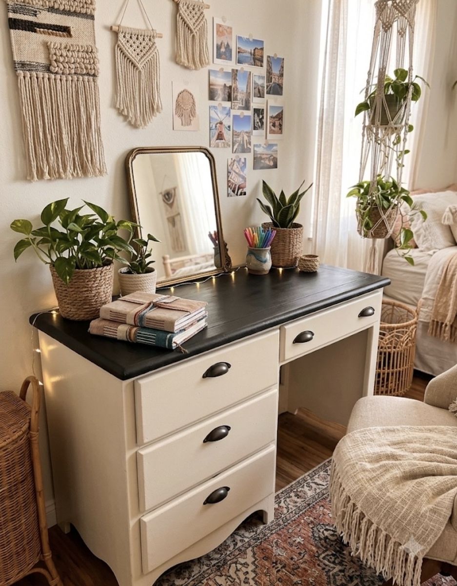 Refinished Cream & Black Wood Vanity Desk | Farmhouse / Boho Study Table