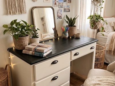 Refinished Cream & Black Wood Vanity Desk | Farmhouse / Boho Study Table