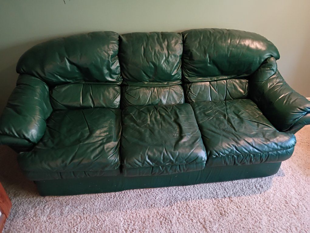 Dark Green Leather Sofa Couch with Removable Cushions