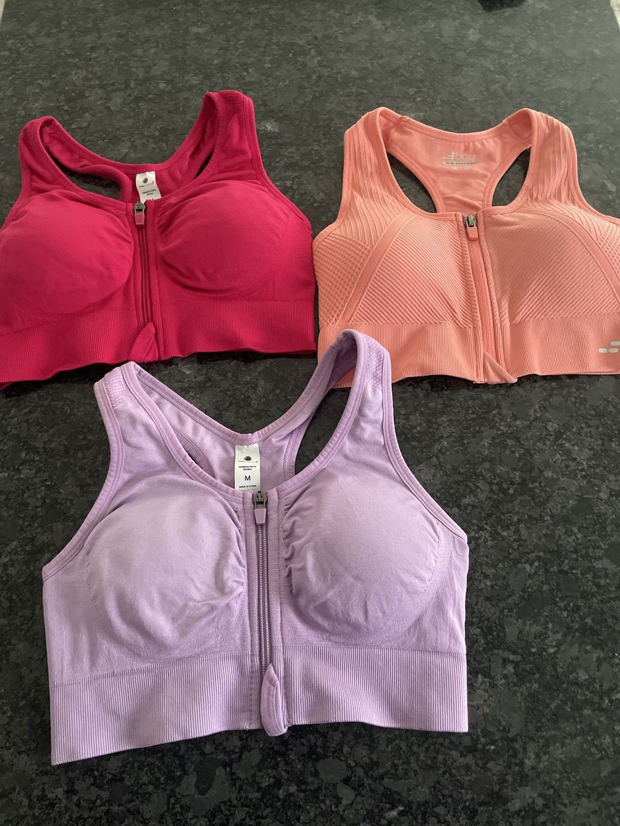Lot of 3 Front-Zip Sports Bras Size Medium - BCG & Yvette Pink Purple Peach