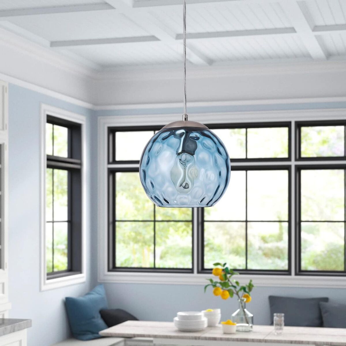 Modern Pendant Light Fixtures Kitchen Island, Brushed Nickel Finish Pendant Lights with Blue Hammered Glass