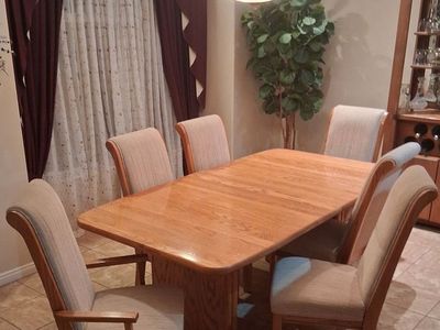 Oak Wood Dining Table Set with 6 Upholstered Chairs