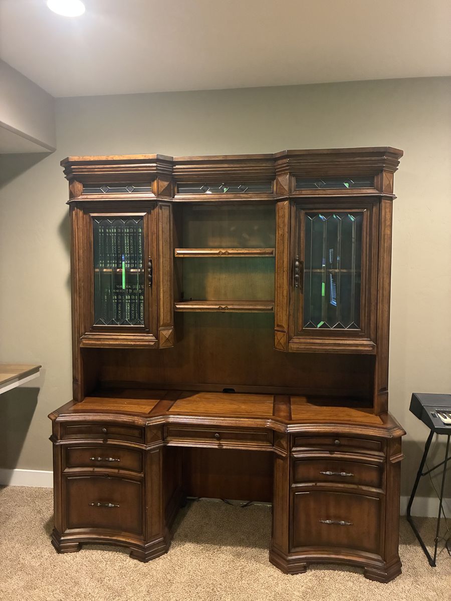 Aspenhome Executive Credenza Desk with Hutch - Ornate Wood Finish, Integrated Power & Storage