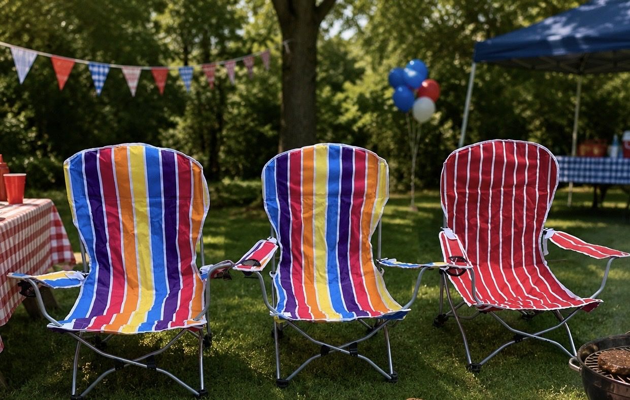 Set of 3 Rainbow & Red Striped Folding Beach / Camping Chairs with Carry Bags