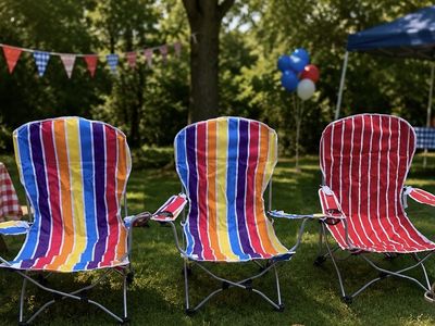 Set of 3 Rainbow & Red Striped Folding Beach / Camping Chairs with Carry Bags