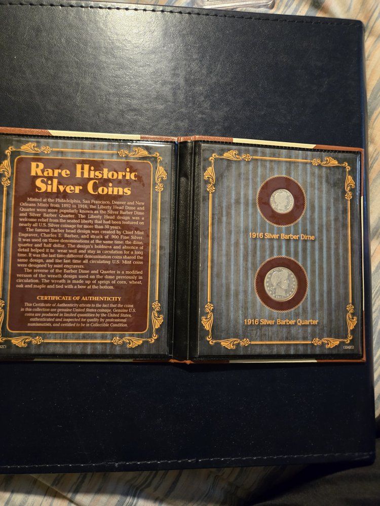 Rare Historic 1916 Silver Barber Dime & Quarter Coin Set w/ Certificate of Authenticity