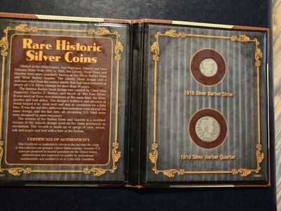 Rare Historic 1916 Silver Barber Dime & Quarter Coin Set w/ Certificate of Authenticity