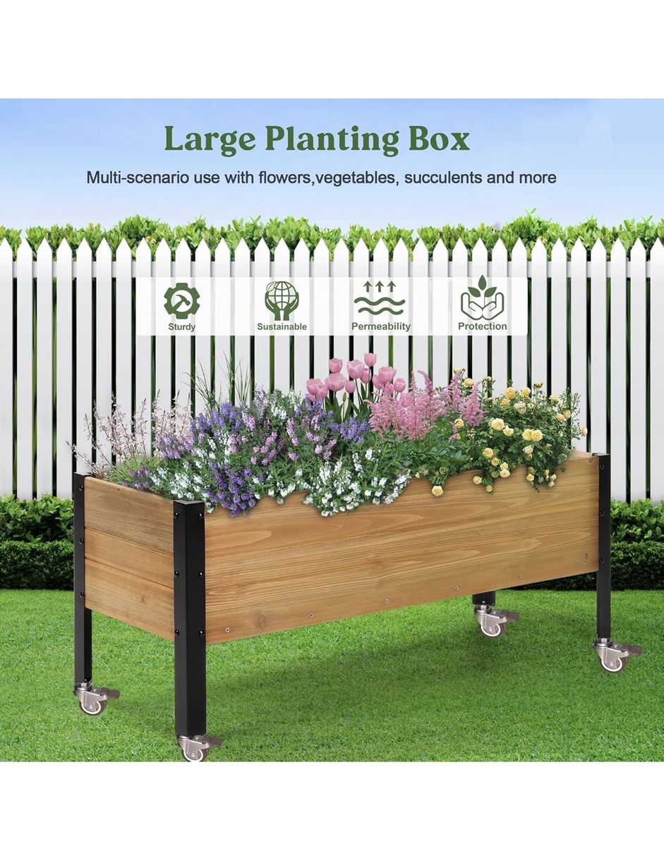 Large Wooden Raised Garden Bed with Wheels - 37.2" Planter Box for Vegetables, Herbs, Flowers