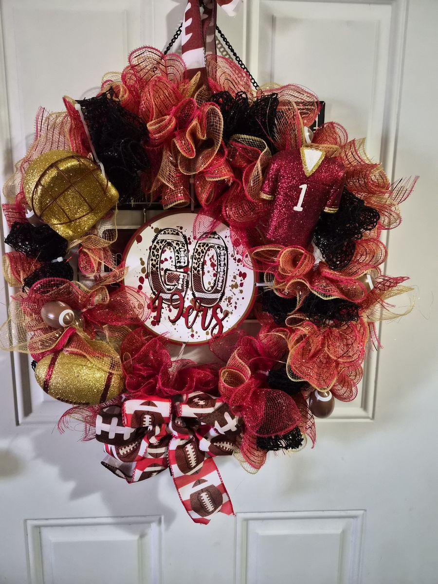 Handmade "Go 49ers" Football Theme Deco Mesh Wreath - Red, Gold & Black