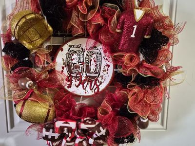 Handmade "Go 49ers" Football Theme Deco Mesh Wreath - Red, Gold & Black