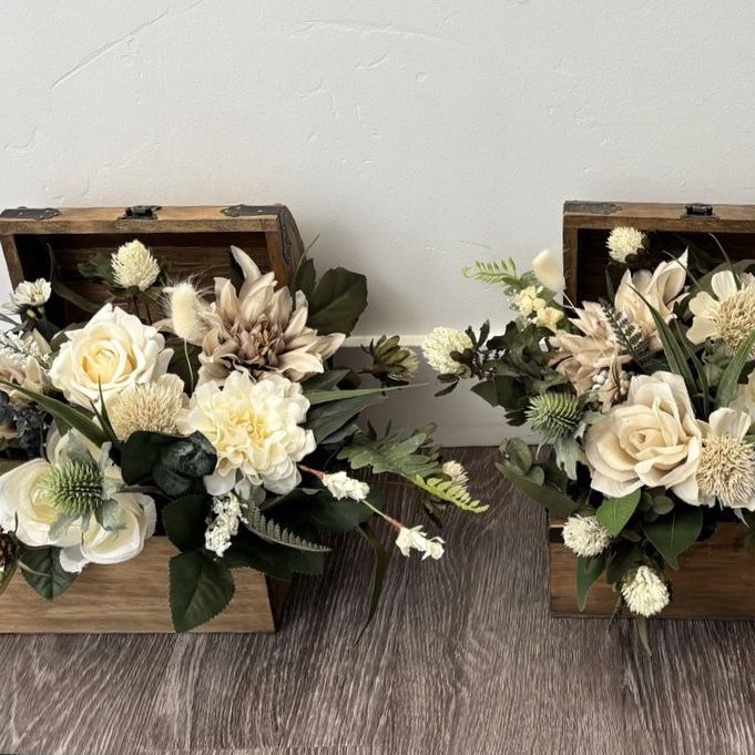 Rustic neutral artificial flower arrangement in a wooden chest-set of 3
