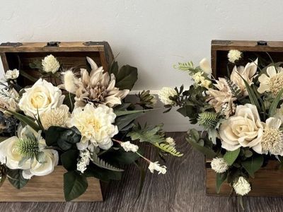 Rustic neutral artificial flower arrangement in a wooden chest-set of 3