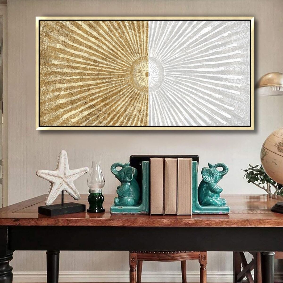 20" x 40" Framed Canvas White and Gold Wall Art Symmetrical Line Abstract