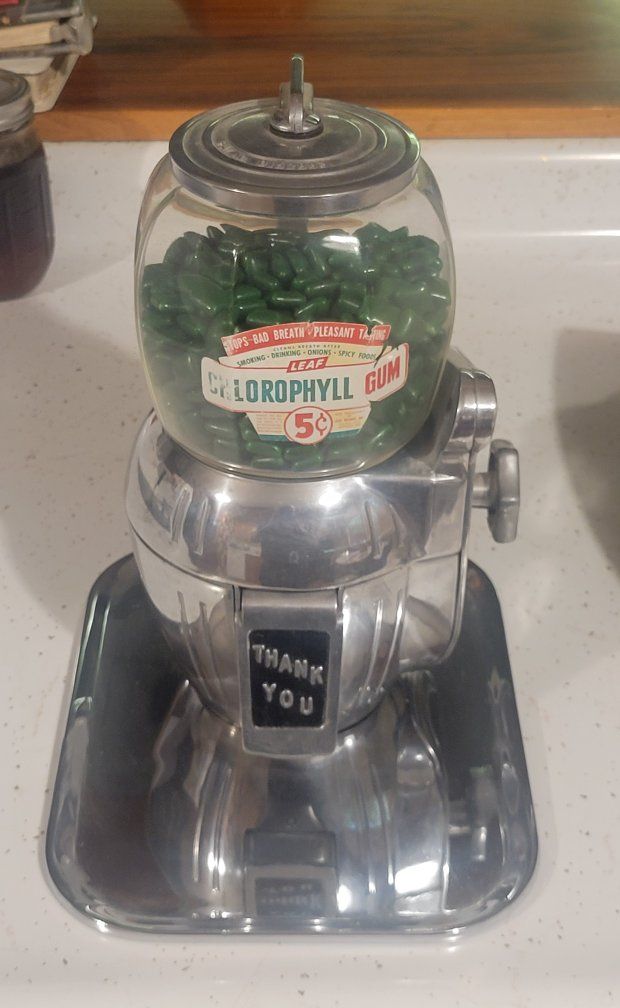 Vintage Leaf Chlorophyll Gum 5¢ Vending Machine with Glass Globe and Base Stand