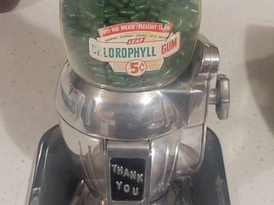 Vintage Leaf Chlorophyll Gum 5¢ Vending Machine with Glass Globe and Base Stand