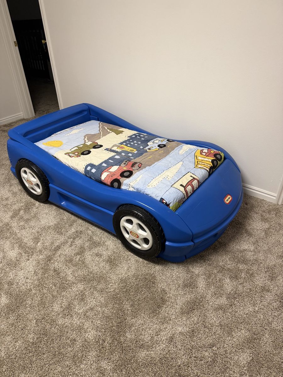 Little Tikes Blue Car Toddler Bed with Mattress and Quilt - Gently Used Race Car Bed Frame