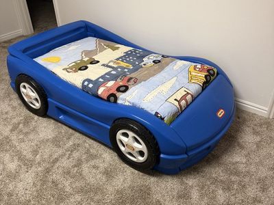 Little Tikes Blue Car Toddler Bed with Mattress and Quilt - Gently Used Race Car Bed Frame