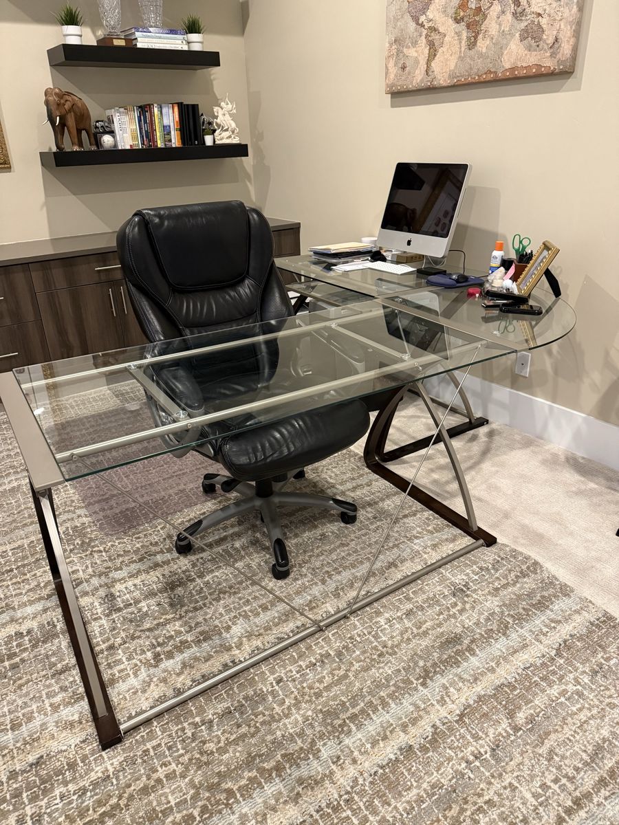 Moving - Must sell - Glass-Top Office Desk with adjustable leather office chair
