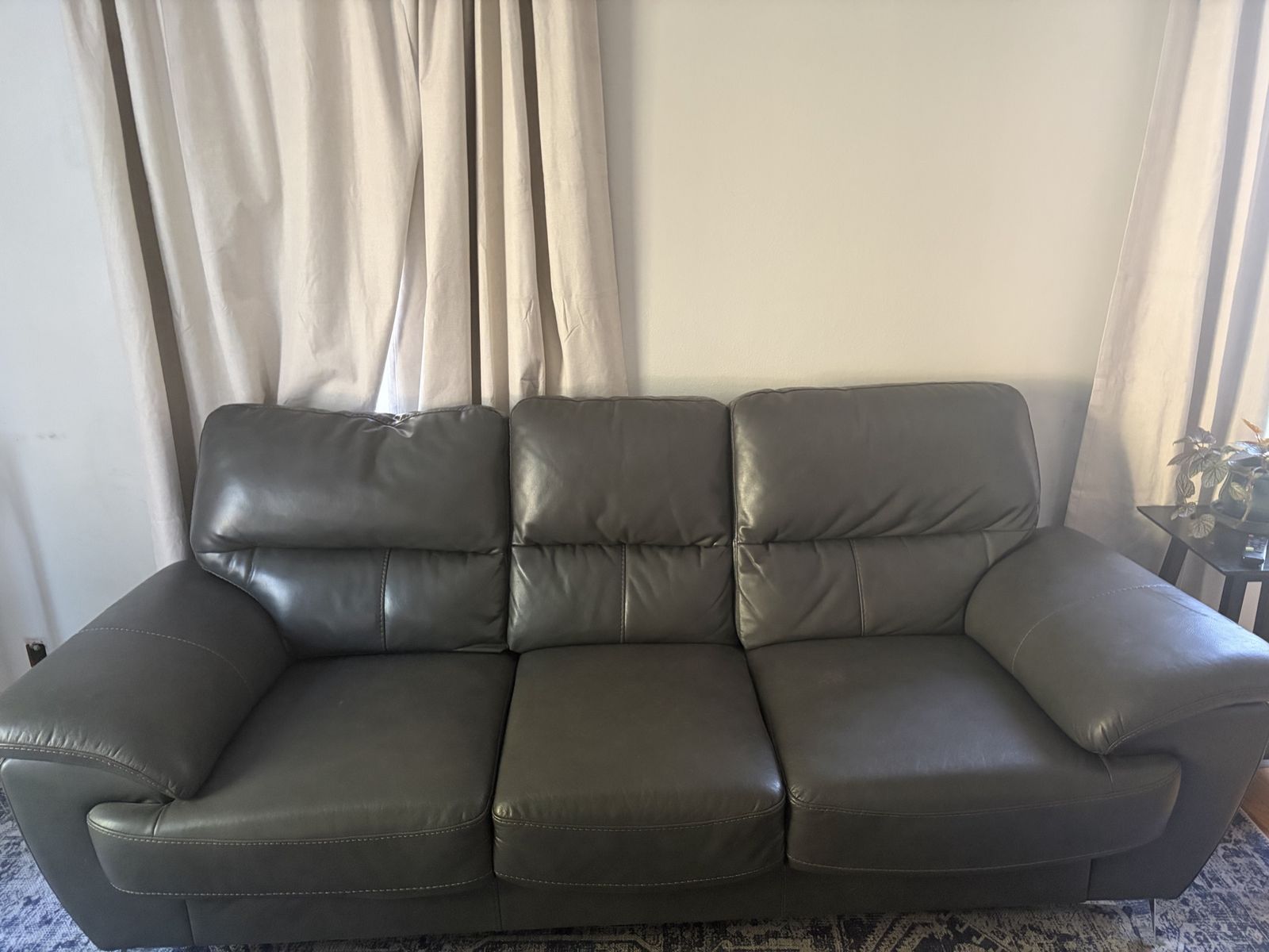Dark Grey Leather 3-Cushion Sofa Couch