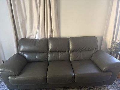 Dark Grey Leather 3-Cushion Sofa Couch