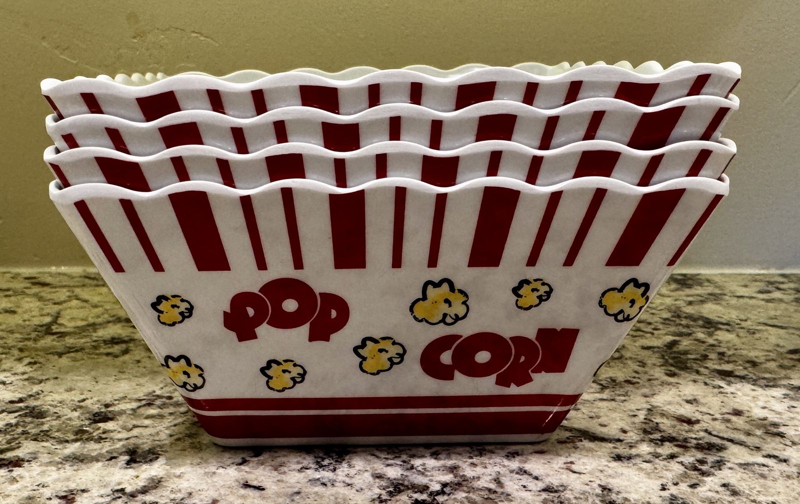 Set of 4 Acrylic Movie Night Popcorn Bowls - Red & White Striped Square Tubs