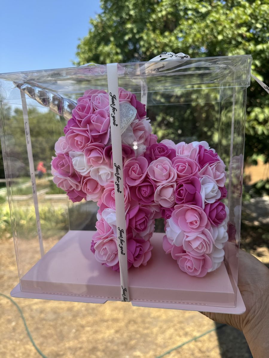 Pink and White Rose Unicorn Figure in Clear Gift Box