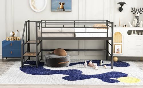 Metal Low Loft Bed Frame with Full Length Guardrails [RETAIL: $177.99]