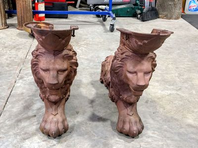 Antique Cast Iron Lion Head & Paw Foot Pedestals Ornate Heavy Decorative Base Set of 2 from 1800’s Brunswick Pool Table
