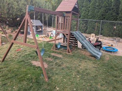 Outdoor Wooden Playground Playset with Double Slides and Swings - Kids Backyard Fun