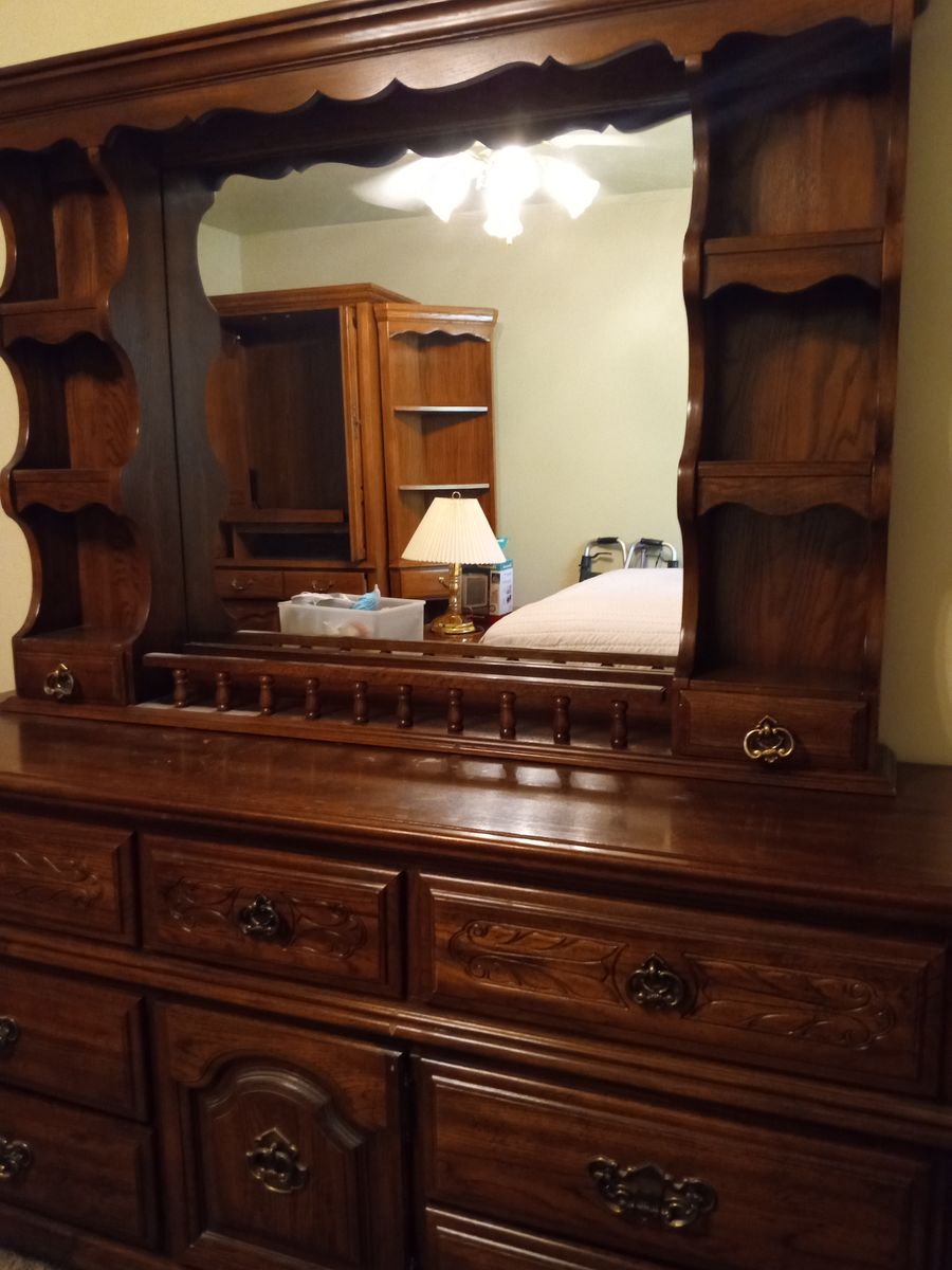 Vintage Wooden Dresser with Attached Mirror and Shelves