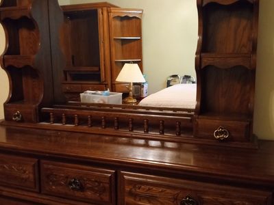 Vintage Wooden Dresser with Attached Mirror and Shelves