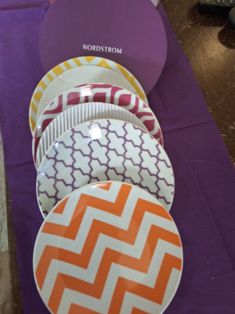 Nordstrom Set of 4 Ceramic Boxed, Patterned Salad Plates - Orange, Yellow, Pink, Purple Designs