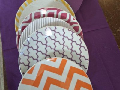 Nordstrom Set of 4 Ceramic Boxed, Patterned Salad Plates - Orange, Yellow, Pink, Purple Designs