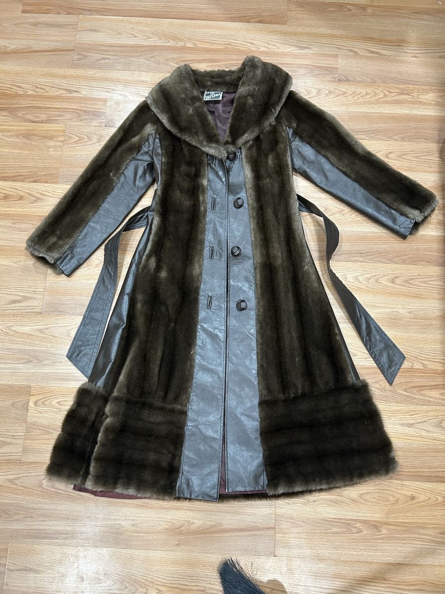 Tissavel France Vintage Faux Fur & Leather Trim Long Coat - Excellent Condition