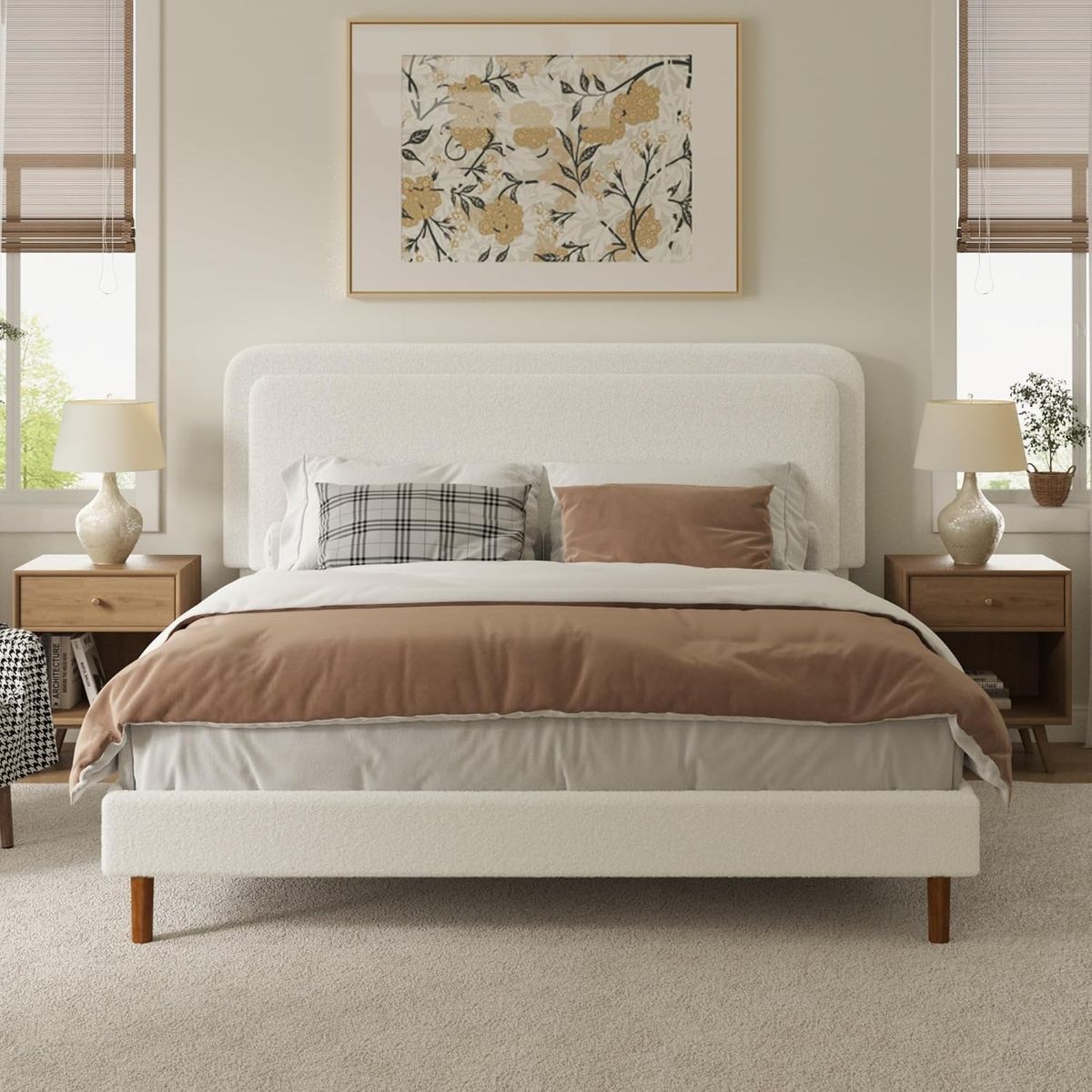 King Size Boucle Upholstered Bed Frame with Adjustable Headboard